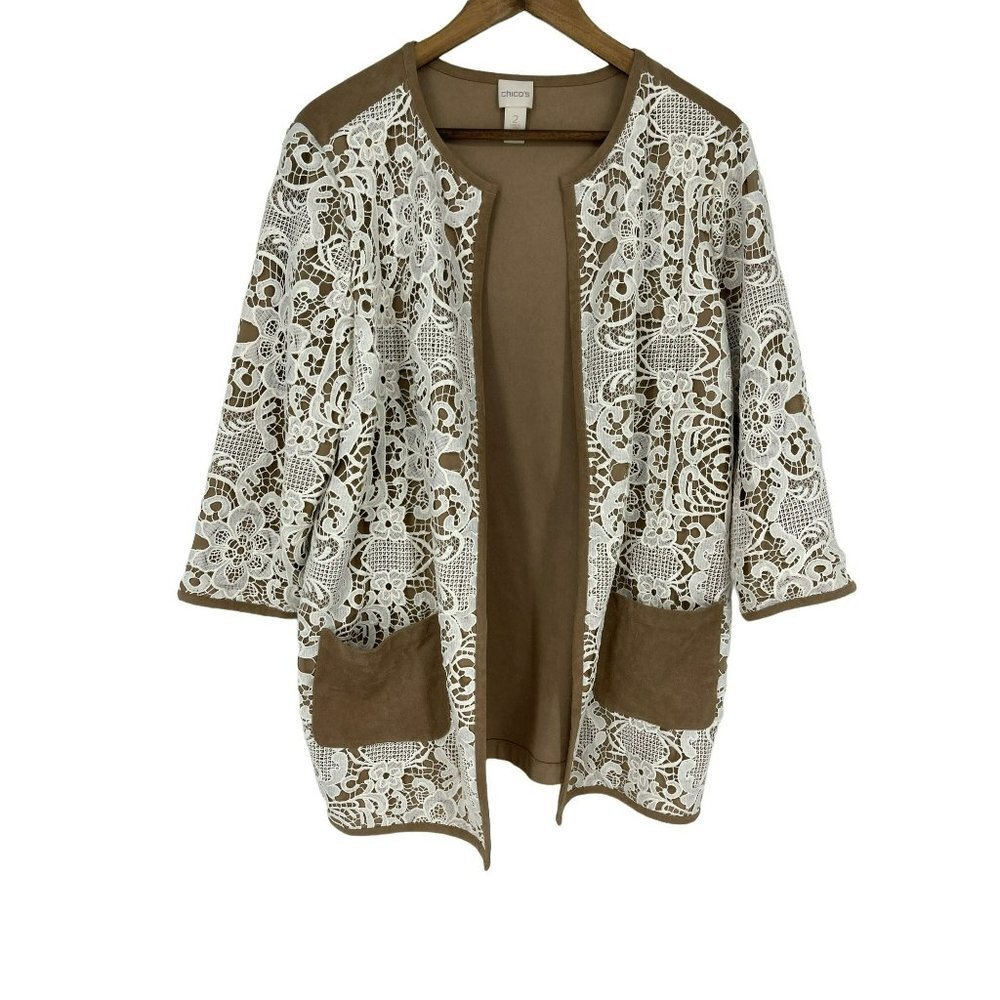 Chioc's Lace Overlay Open Front Faux Suede 3/4 Sleeve Cardigan Size 2(M) - Picture 1 of 7